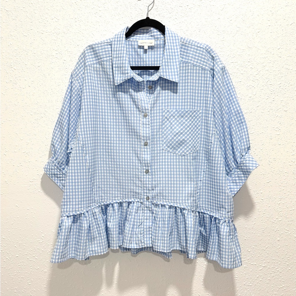 entro Light Blue Gingham Button-Down Ruffle Hem Top XL - Picture 2 of 8